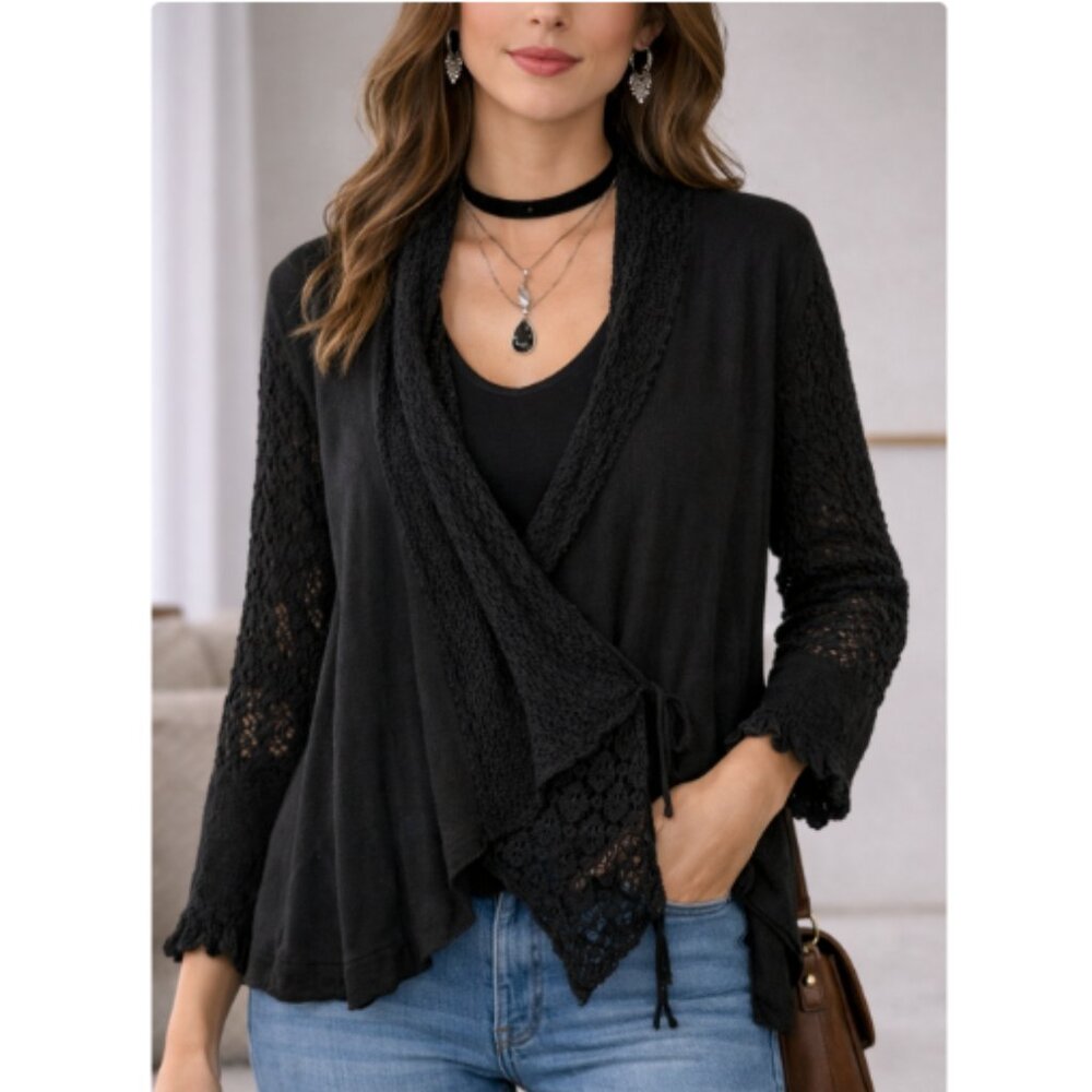 Sacred Threads Sweater Womens L XL Black Open Front Crochet Cardigan Boho Goth